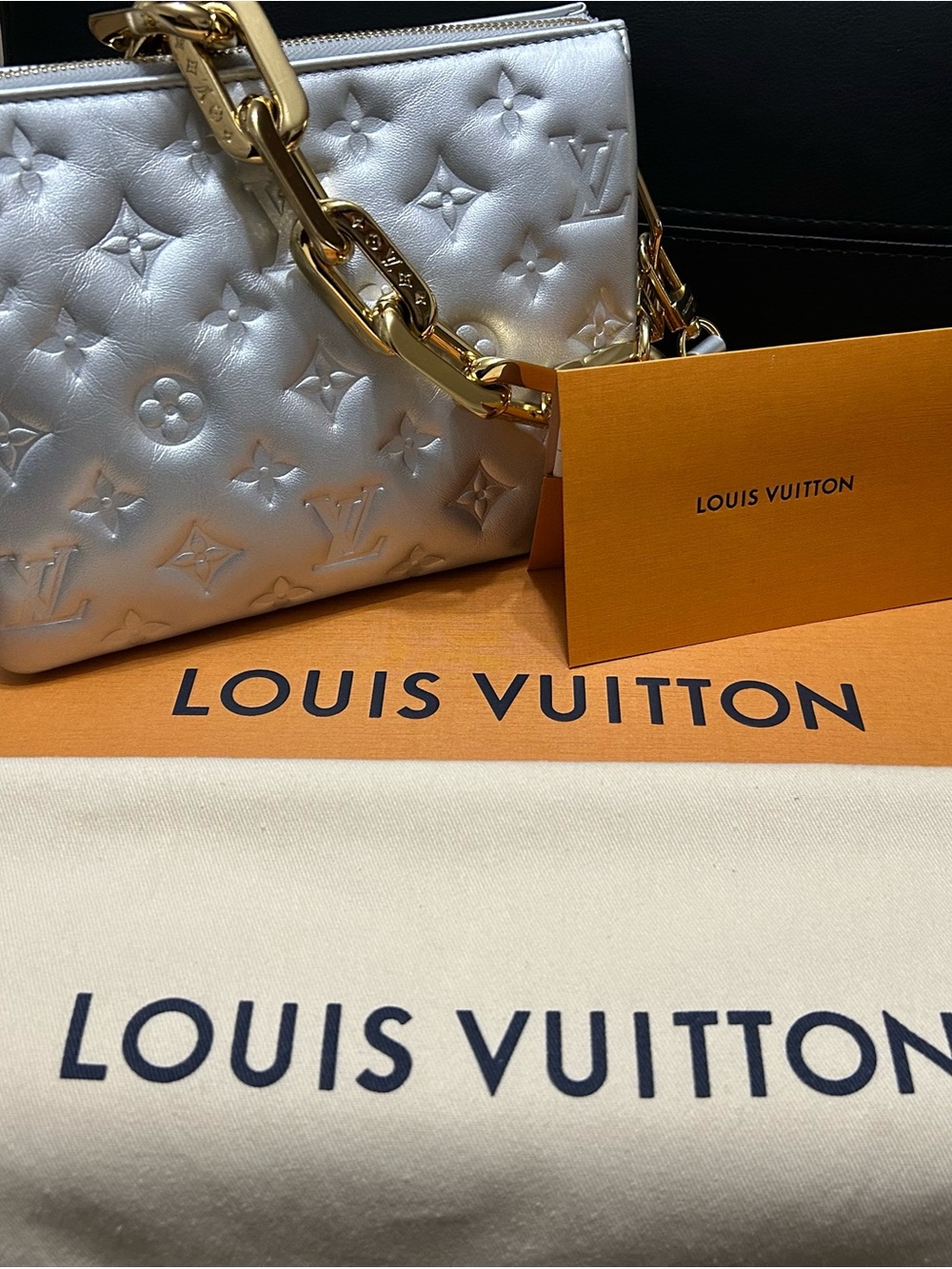 Louis Vuitton Silver Monogram Shoulder Bag with Gold Chain Strap